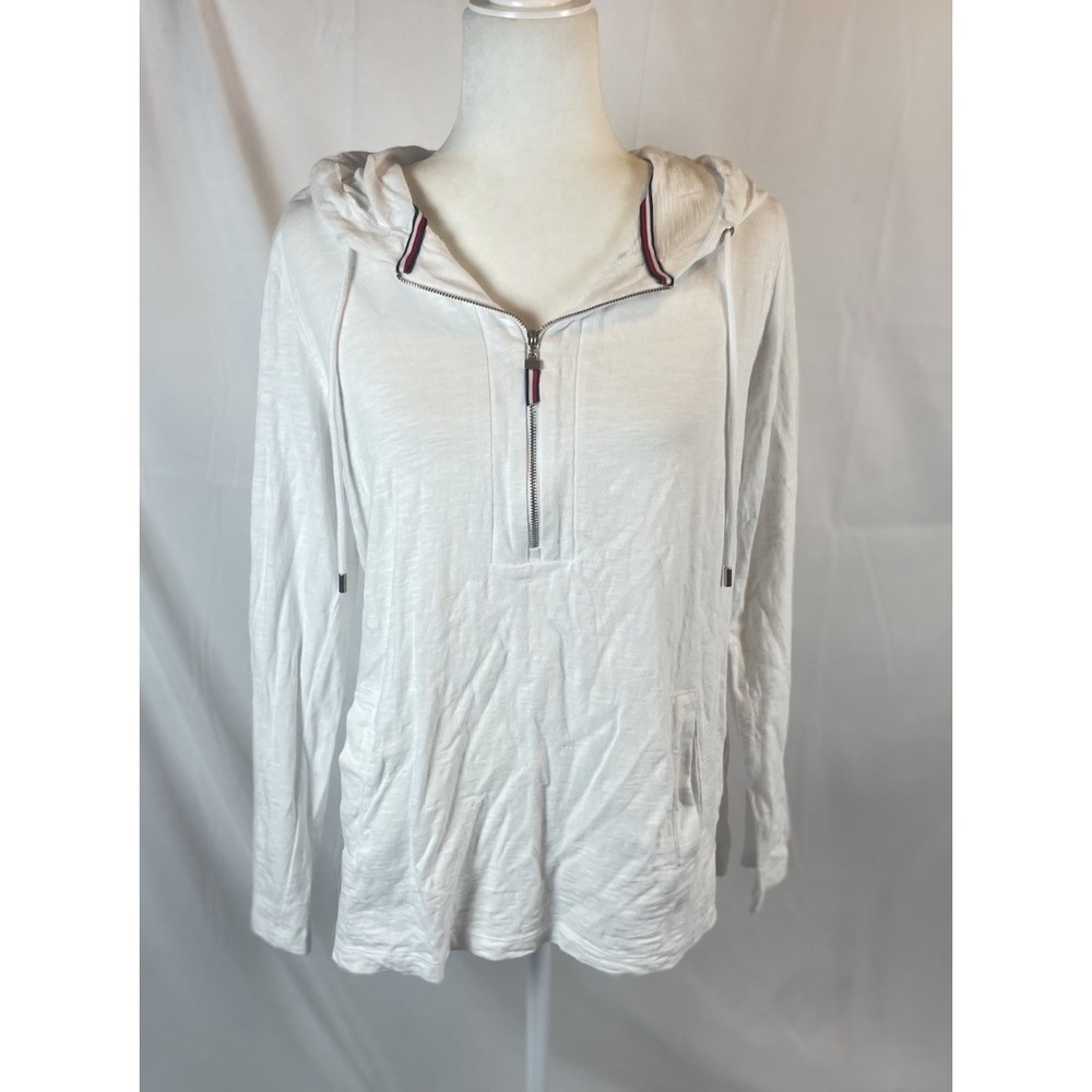Tommy Hilfiger Long Sleeve Hooded Slub Style White Shirt Top Woman's M Coastal